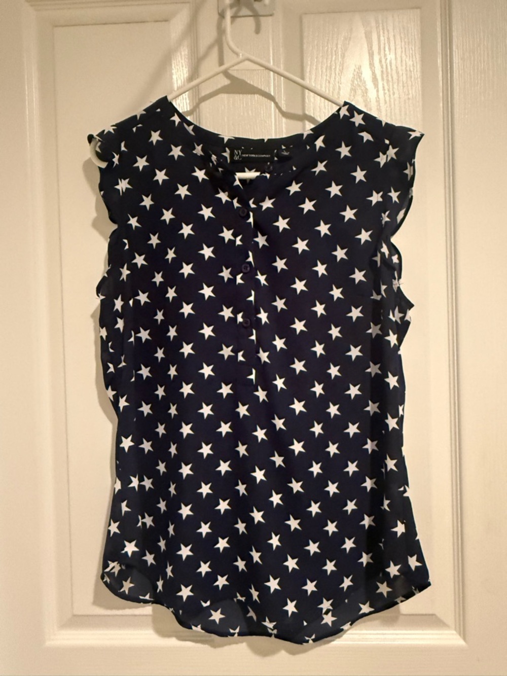NY Collection Navy Star-Print Sleeveless Button-Front Blouse